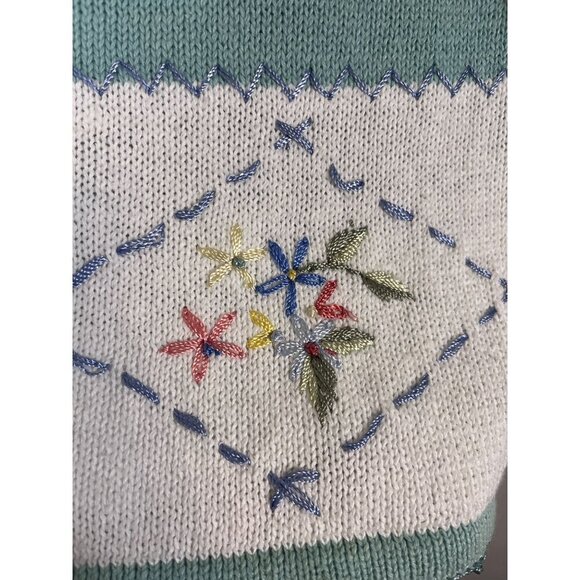 Vintage Knit Sweater L Green Patchwork Embroidery Retro Boho Classic Preppy 80s - Picture 10 of 16